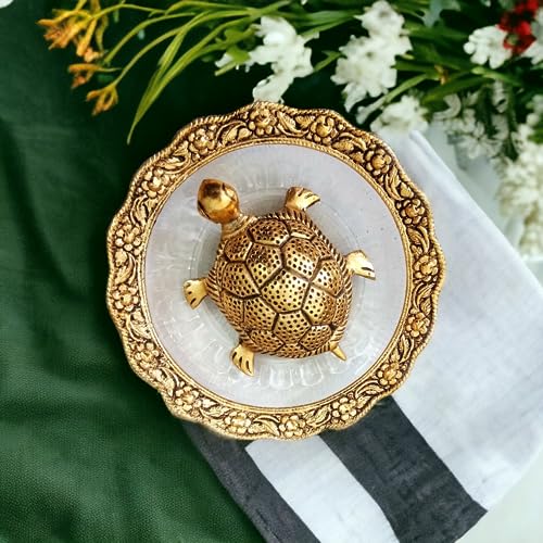 SAUDEEP INDIA Vastu Feng Shui Metall Schildkröte Schildkröte mit Platte für Glück Feng Shui Schildkröte Schildkröte (Metallschildkröte), Gold