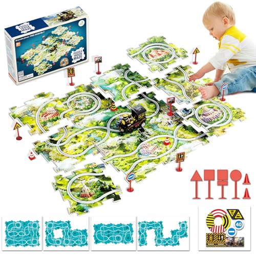 DIY Puzzle Bahn Auto-Vorwärts Zug Spielzeug 12 pcs Großes Puzzle mit 4 Routen Spielzeugauto Autorennbahn Elektro Dampflokomotive, Kinderspielzeug ab 2 3 4 5 6 Jahre Junge Mädchen Geburtstag Geschenke