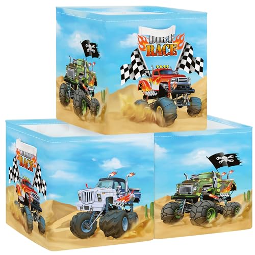 Clastyle 3 Stück Rennwagen Kinder Aufbewahrungsbox Stoff Junge Aufbewahrungskorb mit Griffen Spielzeug Aufbewahrungswürfel Organizer für Bücher Kleidung, Geländewagen, 30x30x30 cm