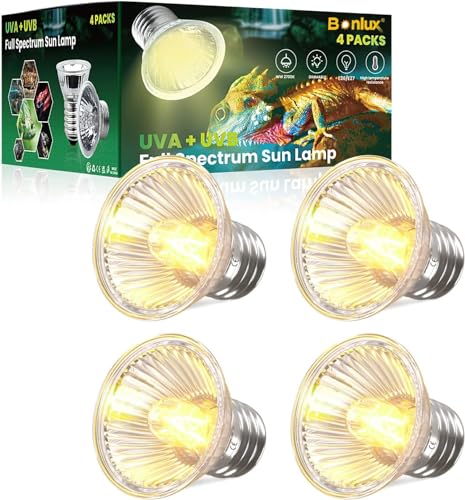 Bonlux E26/E27 Wärmelampe 50W Dimmbar 220V UVA + UVB Vollspektrum-Sonnenlampe 2700K Heizung Glühbirne Sonnenbad Reptil Lampe für Schildkröte Haustier Reptil Eidechsenreptilien und Amphibien (4-Stück)