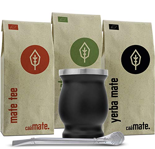 Mate Tee Set Bio ● 3 Matesorten + doppelwandiger Edelstahl Matebecher + Bombilla + Zubereitungsanleitung (schwarz)