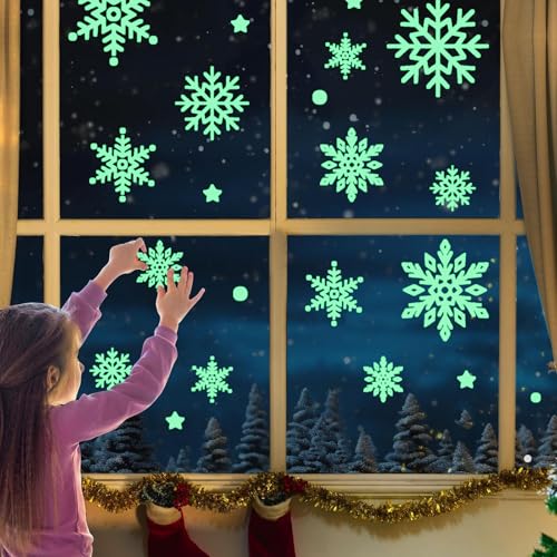 Fensterbilder Weihnachten,124 Stück Weihnachtsdeko Fenstersticker, Fluoreszierend Selbstklebend Schneeflocken Weihnachtsdeko, Weinachts Fenster Deko, Fensteraufkleber für Schaufenster, Glasfronten