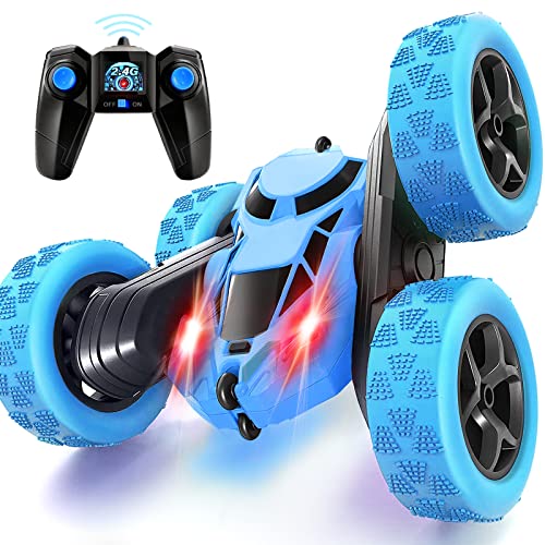Ferngesteuertes Auto, 90 Min Spielzeit, 2.4Ghz Doppelseitig 360° drehbare RC Stunt Crawler mit Scheinwerfern, 4WD Off Road Drift RC Auto Spielzeug Geschenke für Jungen 6-12 Blau