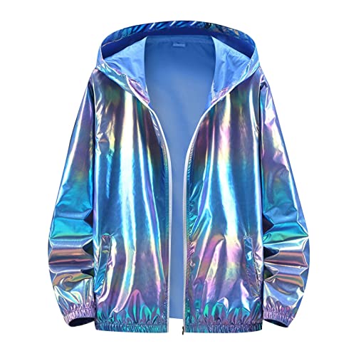 MUOYITEW Herren Metallic Jacke Nightclub Jacke Kapuzenjacke Sweatshirt Bomberjacke Glänzend Party Dance Disco Jacken Holographic Kostüm Karneval Varsity Baseball Farbverlauf Jacke