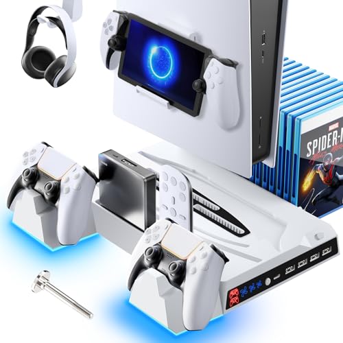 Fenolical PS5/PS5 Slim Ständer Abnehmbare Ladestation mit 3 stufig Lüfter und Licht,Individuell Steuerbar RGB Controller Ladestation, PS5 Standfuß mit 4 USB Ports,9 Spiele Lagerung für PS5 Zubehör