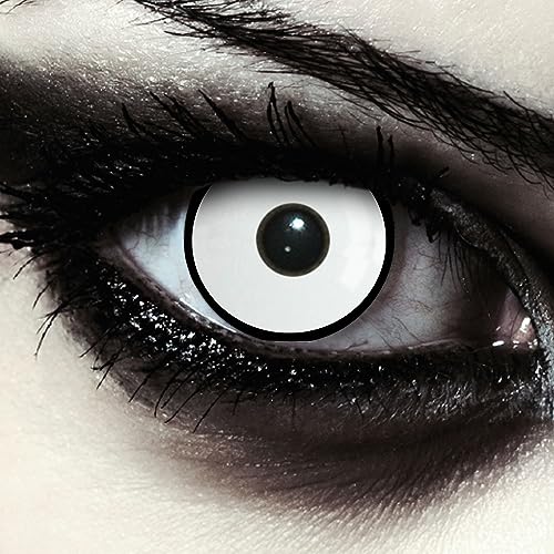 DESIGNLENSES, farbige Tageslinsen Kontaktlinsen mit schwarzem Ring, weiß, ohne Sehstärke für Halloween Kostüm als Zombie, Untoter, Karneval & Cosplay - 2 Stück (1 Paar) weisse Augenlinsen