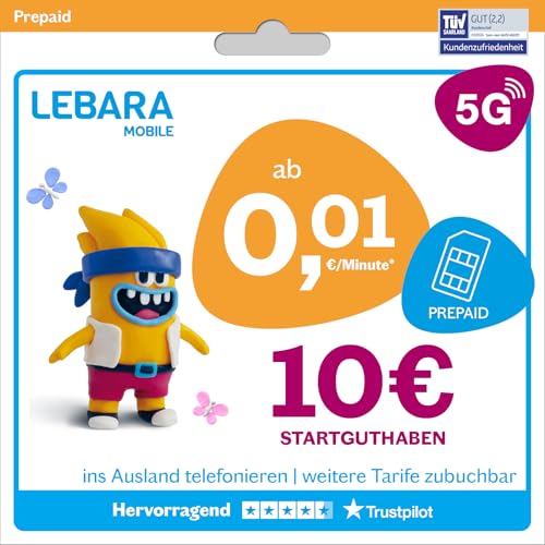 Lebara Prepaid SIM-Karte mit 10€ Startguthaben ohne Vertrag | ab 1 Cent pro Min. ins Ausland telefonieren | Jetzt mit 5G surfen