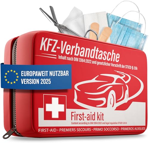 HELDENWERK KFZ Verbandstasche nach aktueller Norm 2025 - Europaweit Nutzbar - Erste Hilfe Set Auto Verbandskasten DIN 13164:2022 (StVO konform)