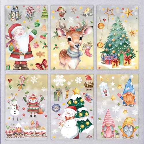 Aquarell Fensterbilder Weihnachten, SILARLAIT 10 Stück Weihnachtsdeko Fenster, Selbstklebend & Repositionierbar & Wiederverwendbar, Große Schneeflocken Fensterdeko, Winterdeko für Glas, Vitrinen