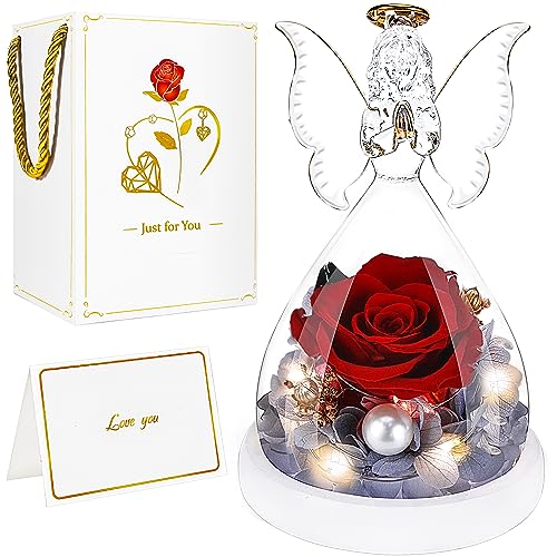 BoriYa Infinity Rosen Geschenk für Frauen - Mutter Geschenke für Muttertag, Ewige Rose im Glas Engel,Blumen Rose in Angel Glaskuppel mit LED Licht,Eternal Rosen Frauen Geschenk für Geburstag,Jahrestag