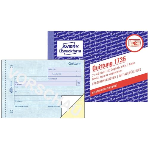 AVERY Zweckform 1735 Quittungsblock (A6 quer, 2x40 Blatt, selbstdurchschreibend, fälschungssicherer Dokumentendruck, für Beträge über 250€ mit separater MwSt., für DE/AT) weiß/gelb