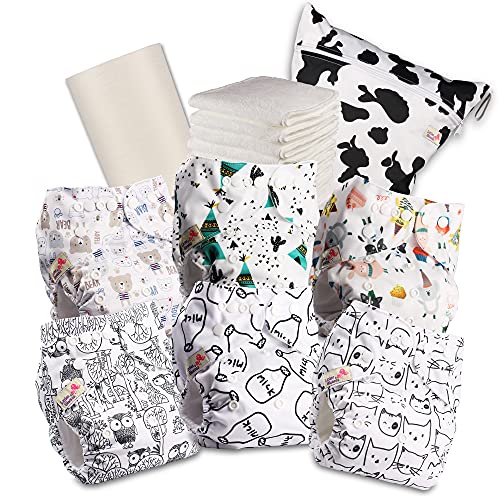 Littles & Bloomz 603PM6 wiederverwendbare Pocket-Babywindel aus Stoff, mit Standard-Druckknopfverschluss, 6 Windeln + 6 Einlagen, 1 Rolle Einwegeinlagen aus Bambus, 1 Beutel für nasse Windeln