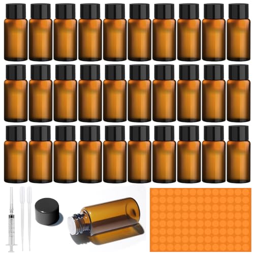 Amentalove 30 Stück 5ml Braune Leere Glasflaschen, Fläschchen für Ätherische Öle, Mini Glasflasche mit Pipette Spritze Aufkleber, Mini Fläschchen für Ätherisches Öl Spa Massage Aromatherapie