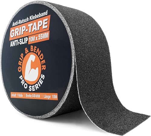 GRIP&BENDER Anti-Rutsch-Klebeband 10M für Außen, Antirutsch-Band für Aussen-Bereiche mit 80-Grit Körnung, Selbstklebende Streifen für Treppen (5,5CM x 10 Meter)