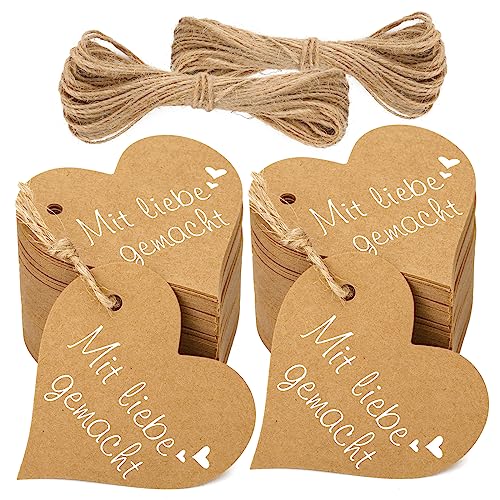 jijAcraft 100 Stück Herz Geschenkanhänger Mit Liebe Gemacht, 6 CM Hochzeit Anhänger Kraftpapier Etiketten mit 20M Juteschnur, für Valentinstag Weihnachten Geschenkverpackung