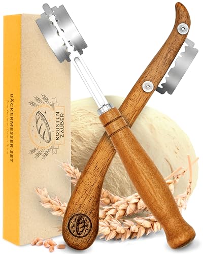 KRUSTENZAUBER Bäckermesser 2er Set [inkl. 20 Rasierklingen] - Teigmesser Set für gerade und geschwungene Schnitte - Ideale Brotklinge, Bäckerklinge, Teigritzmesser Lame, Brot Backen Zubehör