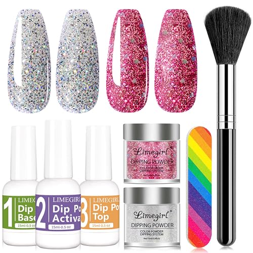 MrCuvaryas French Dipping Powder Nails Set, 7pcs Glitzerpulver Nagelpuder mit Base/Top Coat/Activator Nägel BrushSaver Dip Puder System, Keine Nagellampe Erforderlich, Einfach Anzuwenden