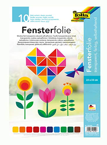 folia 455409 - Fensterfolie, selbsthaftend, transparent, farbig sortiert, ca. 23 x 33cm, 10 Blatt - ideal zur Gestaltung von Fensterbildern