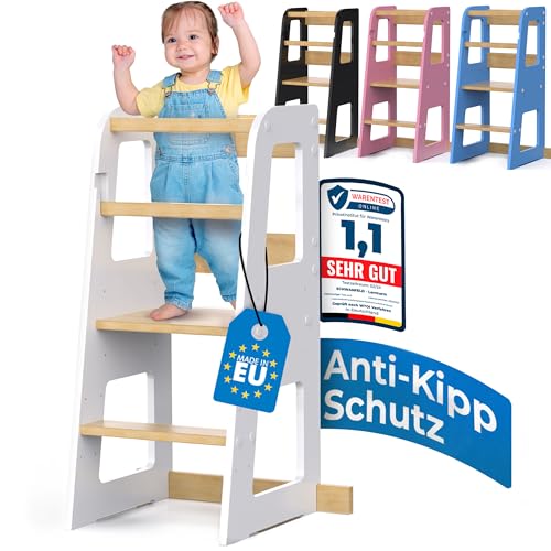 Schwanfeld® Lernturm ab 1 Jahr [Anti Kipp Schutz] - inkl. Montagezubehör - Montessori Lernturm aus bruchsicherem FSC Massivholz (bis zu 50kg belastbar) - Learning Tower 3 Level (höhenverstellbar)