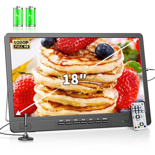 DESOBRY 18-Zoll tragbarer Fernseher mit Freeview, 6000mAh Akku Kleiner Fernseher mit Antenne, 12V Camping TV mit eingebautem Digital DVB/T2 Tuner, unterstützt USB/HDMI/RCA/AV Eingänge