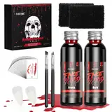 Kunstblut Halloween, FURTIME Halloween SFX Schminke Set - 60ml Künstliches Frisches Blut, 60ml Dunkelrotes TheaterBlut, Vampirzähne, Make-up-Pinsel und Schwämme, 30 Temporäre Narbentattoos