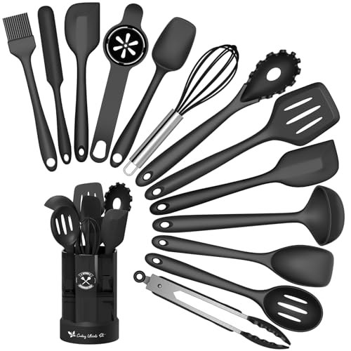 Küchenhelfer Set, 14-teiliges Silikon Kochutensilien Kochbesteck Set, Hitzebeständiger Kochgeschirr mit Utensilienhalter, Antihaft Kochset Küchenutensilien, Spülmaschinenfest - Schwar