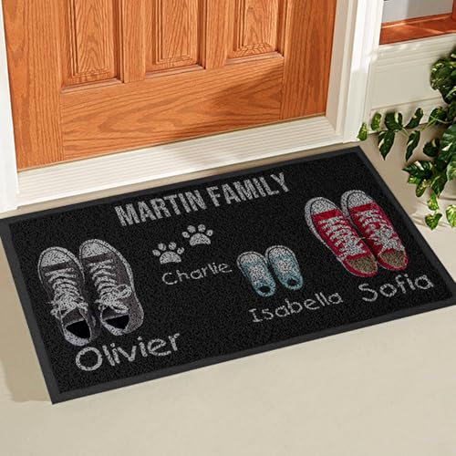 Wanapix | Fußmatte Familie personalisiert mit Namen | Fussmatten Haustür | rutschfeste Unterseite | Fussmatte innen lustig | Frottee - 75 x 43 cm | Schuhe und Haustiere (4)