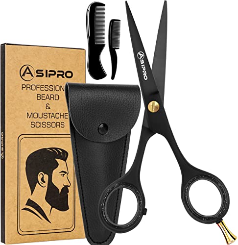 ASIPRO Bartschere Männer 5"/12.7cm Komplettes Bartpflege Set Inkl. Bartkamm, Schnurrbartkamm und Kunstlederetui, Schnurrbart Schere Profi Bart Scheren Edelstahl Beard Scissors Haarschere für Bart