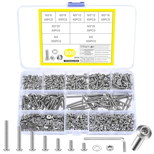 M3 Schrauben Set, 900 Stk Linsenkopfschrauben mit Muttern Set, Innensechskantschrauben Muttern Set, Gewindeschrauben und Muttern Set, Edelstahl Maschinenschrauben Sortiment Unterlegscheiben Set(M3)