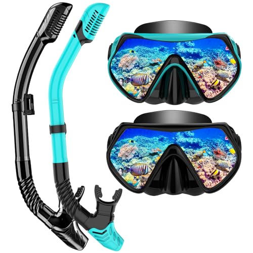 LITTLEJSY Schnorchelset Erwachsene, Schnorcheln Set mit Anti-Fog Taucherbrille und Dry Schnorchel, Professionelle Schnorchelmaske Tauchmaske aus Gehärtetem Glas für Schnorcheln (Schwarz+Grün)