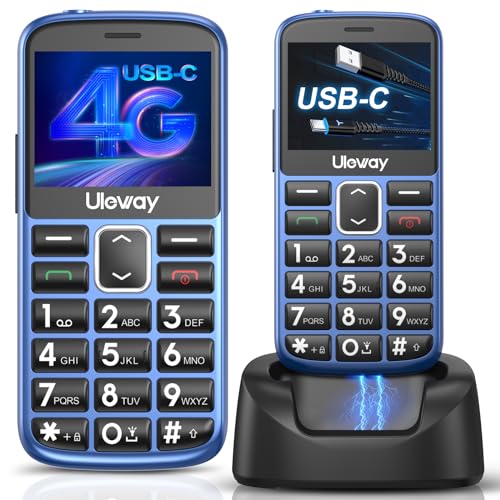 uleway 4G Seniorenhandy Mobiltelefon Ohne Vertrag, Lange Standby Zeit, USB-C-Laden, Senioren Handy Mit SOS Notruftaste, Großtastenhandy mit Ladestation, Blau