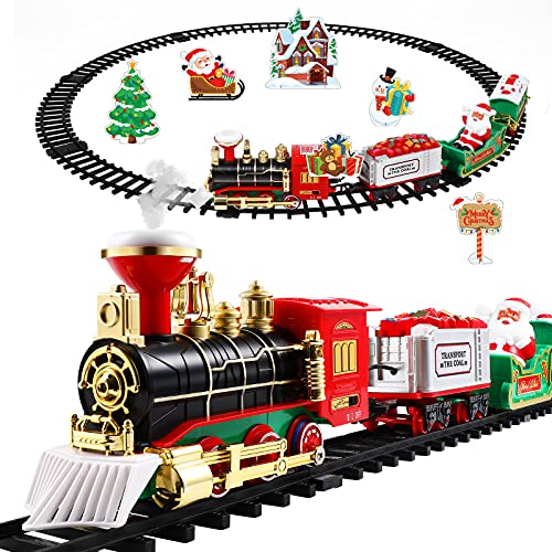 Toyvian Weihnachts-Eisenbahn-Sets für Under The Tree- Weihnachts-Eisenbahn-Zugset mit Gleis und 4 Autos- Lichter und Sounds Eisenbahn-Batteriebetriebenes elektrisches Zug-Set Kinder