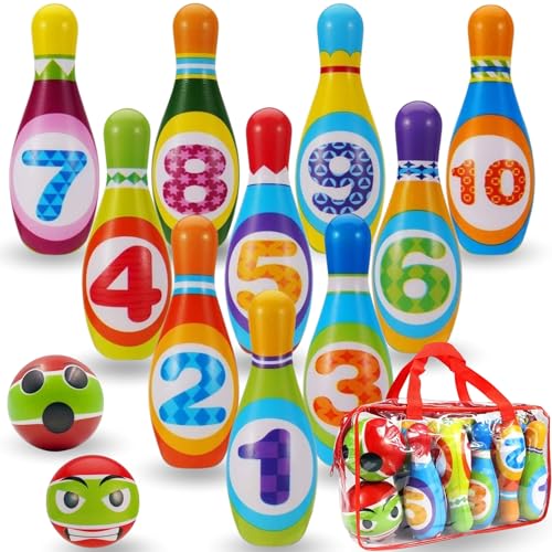 MandA® Bowling Set Kinder - kegelspiel inklusive Tragetasche - Kinderspiele - Geschenk 2-8 Jahren. Enthält 10 19 cm Bowlingkegel und 2 Schaumstoffbälle.