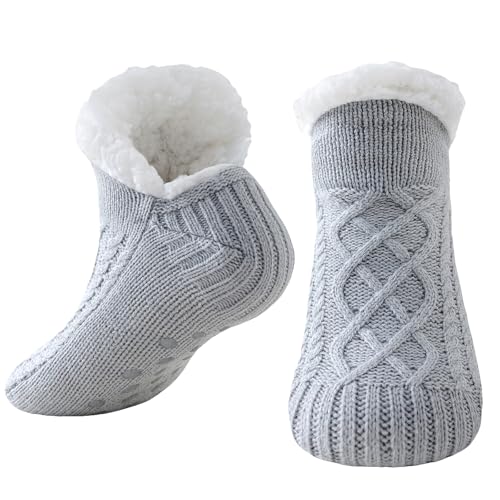 Niorasen Kuschelsocken Damen Herren, Dicke Flauschige Socken mit Greifern， Weiche Warme Winter Hüttensocken Haussocken Stoppersocken, Frauen Geschenk Geburtstag, EU 36-44, 1 Paar, Grau