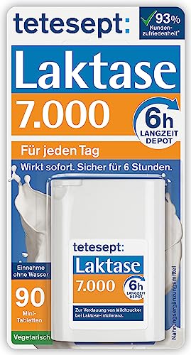 tetesept Laktase 7.000 – Laktasetabletten bei Laktoseunverträglichkeit – Nahrungsergänzungsmittel mit Sofortwirkung & 6h Langzeit-Depot – 1 Dose à 90 Stück