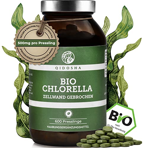 QIDOSHA® Bio Chlorella Presslinge, 600 Stk/Glas, 500mg Chlorella je Pressling, 100% natürliches Bio-Chlorella vulgaris Pulver aus kontrolliert biologischem Anbau, mit bereits aufgebrochener Zellwand