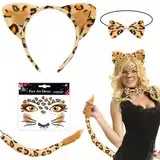 Aurasky Leoparden Kostüm Accessoires, Leoparden Ohren Haarreif + Leoparden Tattoo Gesicht + Schwanz +Fliege, Tierkostüm für Kinder Erwachsene Karneval Fasching Halloween Cosplay