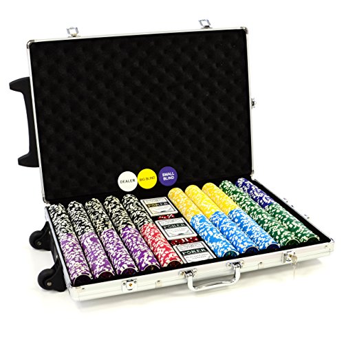 Trolley Pokerkoffer 1000 Chips Laser Pokerchips Poker Komplett Set Trolley Koffer aus Aluminium mit Schnallenschloss + Schlüssel + Griff und Rädern 11g Chip mit Metallkern inkl. Kunststoffkarten und weiterem Zubehör