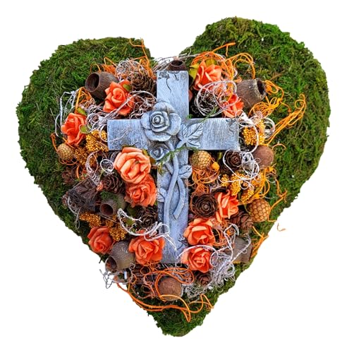 Grabschmuck Grabgesteck Moos Herz Grabaufleger Kreuz Totensonntag Allerheiligen