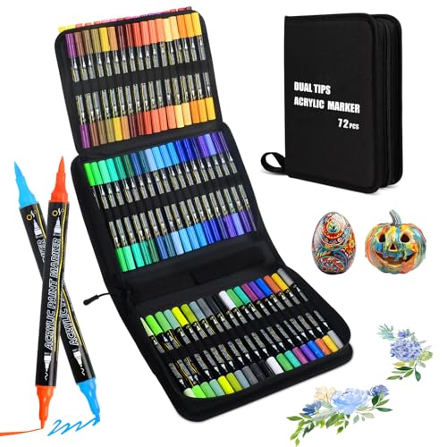 72 Acrylstifte Set für Steine Wasserfest, Steine Zum Bemalen Stifte mit Doppelspitze (Feine Spitze und Pinsel), Acrylic Marker, Acrylstifte Verschiedene Oberflächen, Multimarker Acryl mit Einer Tasche