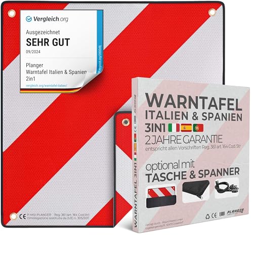 PLANGER® - Warntafel Italien und Spanien 2in1 (50 x 50 cm) - Reflektierendes Warnschild rot weiß für Heckträger u Fahrradträger