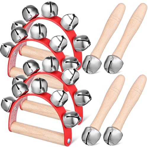 Vaguelly Glockenkranz Set: 4 x Glockenkranz mit Schellen + 4 x Schellenstab Schellenrassel, Schellenband für Kinder Babys Musikinstrument Hand Percussion für Party, Tanz, Band