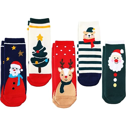 LITOON 5 Paare Weihnachtssocken Kinder Weihnachtssocken Unisex Crew Baumwollsocken für Kinder von 1-3/3-5/6-8/9-12 Jahren Jungen und Mädchen (DE/NL/SE/PL, Alter, 9 Jahr, 12 Jahre, Regular, SET04)