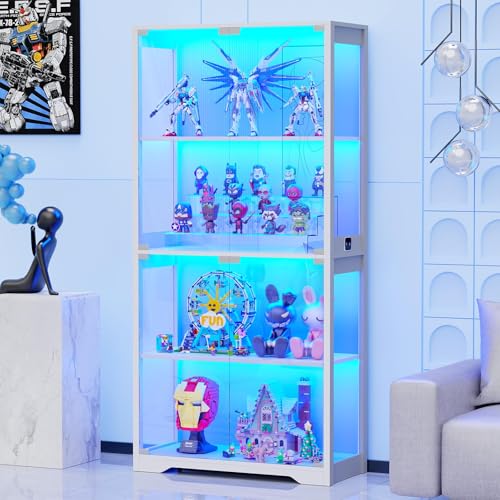 BROTTAR Vitrine mit LED Beleuchtung und Glastüren, Pop-up-Design, Vitrinenschrank mit Intelligente Sensorik, 4-Lagen Glasvitrine Weiß für Wohnzimmer Schlafzimmer Büro Sammlervitrine, Weiß