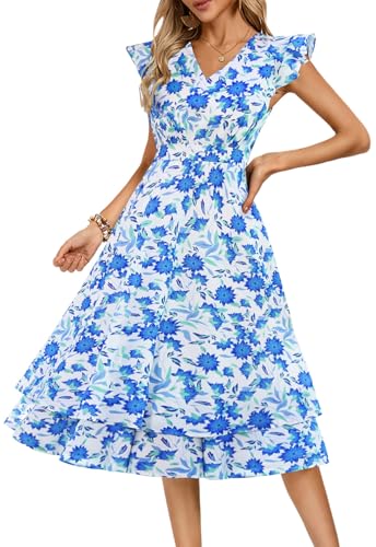 Damen Kleid A-Linie mit V-Ausschnitt gerafftem Rücken ausgestellter Linie Blau M