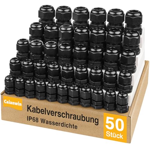 50 Stück Kabelverschraubung Set, Caianwin IP68 Kabeldurchführung Wasserdicht PG7 PG9 PG11 PG13.5 PG16 Kabelverschraubungen Nylon Verschraubung für Outdoor Garten Schaltkasten Abzweigkasten