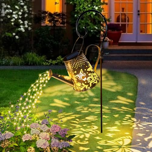 Solar Gießkanne Lichterkette Aussen, Wasserdicht Solarlampen für Außen Gießkannenlicht Lichter, Schmetterling Vintage Gartendeko für Draußen mit Schäferhaken für Garten Hofweg Balkon Terrasse