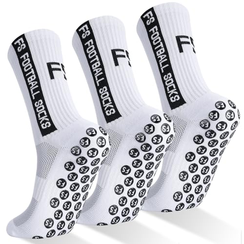 taonganui 3 Paare Fußballsocken, Fussball Sportsocken 39-46 Anti Rutsch Grip Fußball Socken Rutschfeste Fussballsocken für Herren Damen Kinder, Weiß