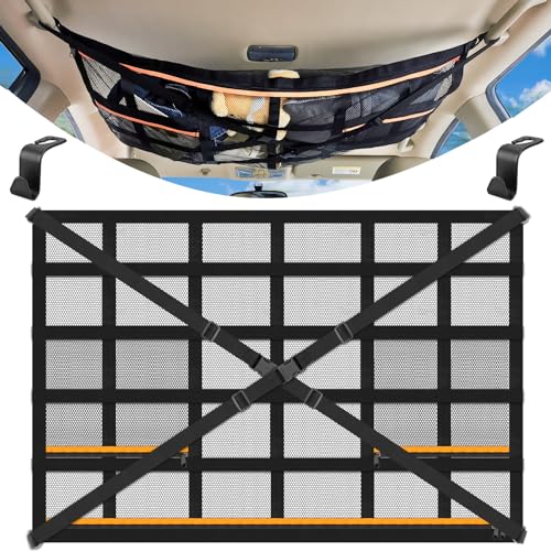 HAPPY FINDING Autodach Gepäcknetz Decke, 90 × 65 cm Universal Aufbewahrungsnetz mit Verstellbare Kreuzgurte und 3 unabhängige Reißverschlusstaschen für Vier Dach Armlehnen auf Autos, Jeeps, Van, SUV