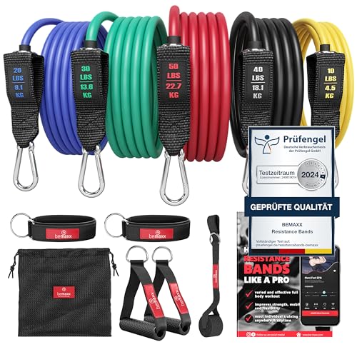 Resistance Bands Set mit Trainings-eBook - Expander Tubes Bänder- Widerstandsbandset: 5 Widerstandsbänder, Griffe, Türanker, Fußschlaufen | Fitnessband Fitness